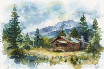 Naklejka premium The remote cabin nestled in the mountains is a peaceful retreat, surrounded by the beauty of nature. The perfect place to relax and escape the hustle and bustle of everyday life.