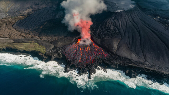 A stunning aerial top-down view of a raging lava stream, reaching the coast and cascading into the sea