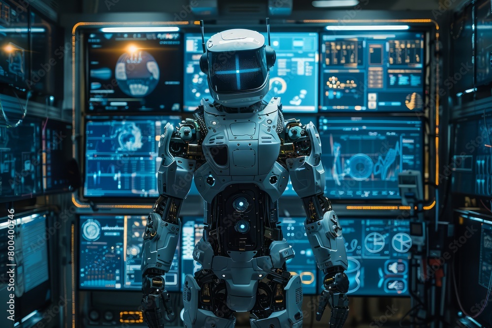Poster A robot is standing in front of a computer monitor with a blue screen. The robot is wearing a white helmet and has a blue face. The robot is surrounded by several computer monitors