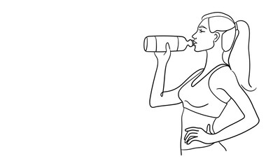 Sport girl drink water isolated on white background. Morning energy line art drawing. Vector illustration