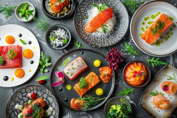 A table full of food with a variety of dishes including sushi, salmon, and vegetables. The table is set with plates and bowls, and there are several cups and spoons. Scene is inviting and appetizing
