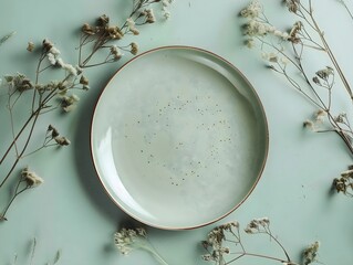 flat lay, mock up, centered empty ceramic plate, boho aesthetics, soft muted pastel sage green...