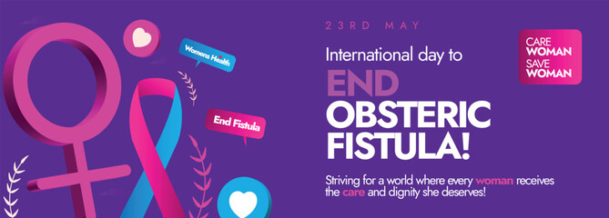 International day to end Obstetric Fistula day. 23rd May International day to end Obstetric Fistula awareness, celebration banner with ribbon in pink, light blue colour with purple background.