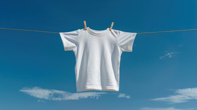 A white boys' T-shirt hangs on a clothesline against a blue sky backdrop.