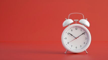 A white vintage ringing alarm clock against a bright red background, showcasing modern design through 3D rendering.