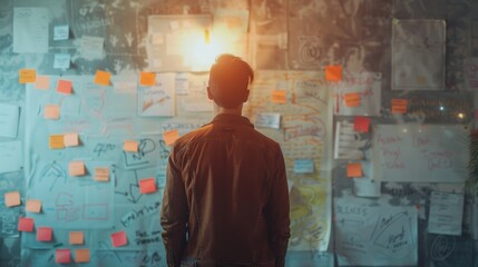 The image of an entrepreneur considering the company's development strategy, business concept.