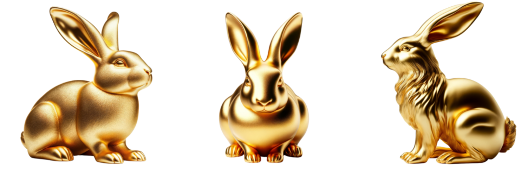 Set of gold rabbits are sitting on a white background