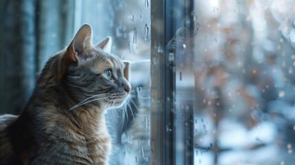 Sad cat looking in window rainy weather