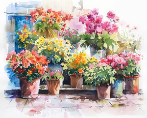 A beautiful watercolor painting of a variety of flowers in pots