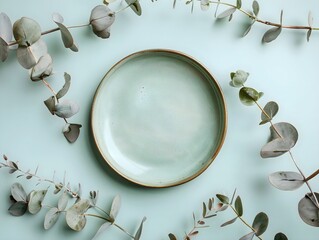 flat lay, mock up, centered empty ceramic plate, boho aesthetics, soft muted pastel sage green...