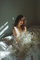 Fototapeta premium Luminescent Maiden with Gypsophila. In a play of light and shadow, a young woman gazes out, her visage partly veiled by the delicate blooms of gypsophila, capturing a moment of introspection.