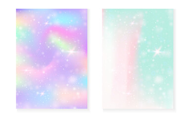 Magic background with princess rainbow gradient. Kawaii unicorn hologram. Holographic fairy set. Creative fantasy cover. Magic background with sparkles and stars for cute girl party invitation.