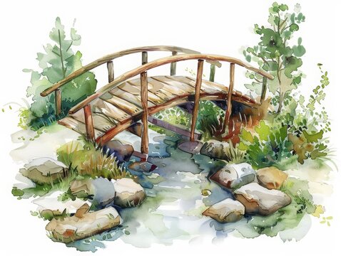 Create a watercolor painting of a wooden bridge over a small stream