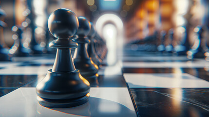 A close-up of a single chess pawn on a glossy chessboard with depth of field