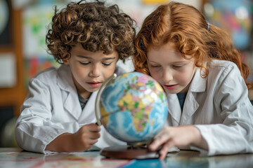Fototapeta premium Young Explorers: Curious Children in Lab Coats Studying a Globe