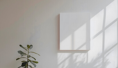 an interior shot in a minimalist style, a frame made of pure canvas against a light wall and a plant in a flowerpot, creating a calm background for displaying works of art or graphic design layouts.