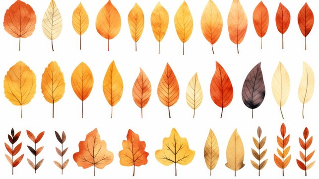 A diverse set of autumn leaves aligned in rows against a cream background representing fall's natural color palette