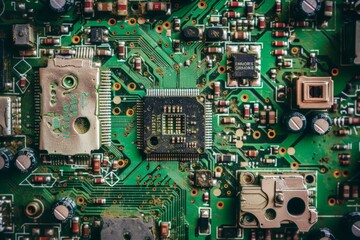 Detailed close up view of the intricate components of a computer motherboard