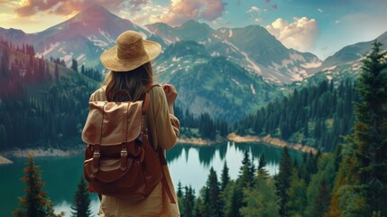 Woman traveler with backpack holding hat and looking at amazing mountains and forest, wanderlust travel concept, space for text, atmospheric epic moment