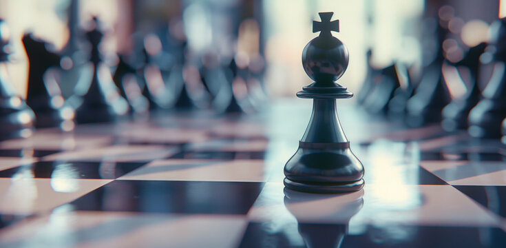 The image showcases a close-up of a king chess piece on a reflective surface with other chess pieces blurred in the background