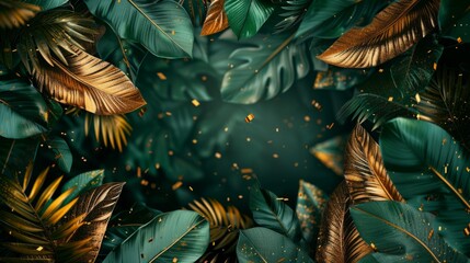 Dark and vibrant image showcasing dense tropical leaves with golden highlights creating an atmosphere of luxury and mystery. Perfect for sophisticated themes and backgrounds.