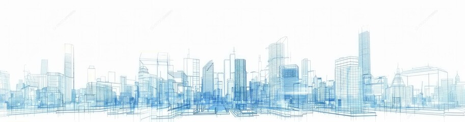 White background with light blue architectural lines in the form of buildings and skyscrapers