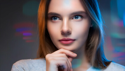 Closeup face portrait of attractive young woman touch chin thoughtful dressed stylish on Generative AI.