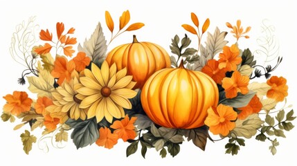 Naklejka premium A beautifully illustrated image featuring autumnal pumpkins surrounded by a diverse array of fall flowers and leaves