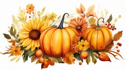 This striking image captures the essence of autumn with vibrant pumpkins and sunflowers, set against a backdrop of rich fall foliage