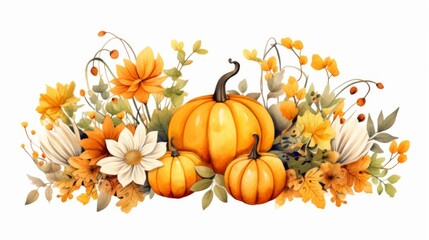 A warm, inviting image showcasing pumpkins amidst a golden-hued collection of autumn flora, symbolizing the richness of the season