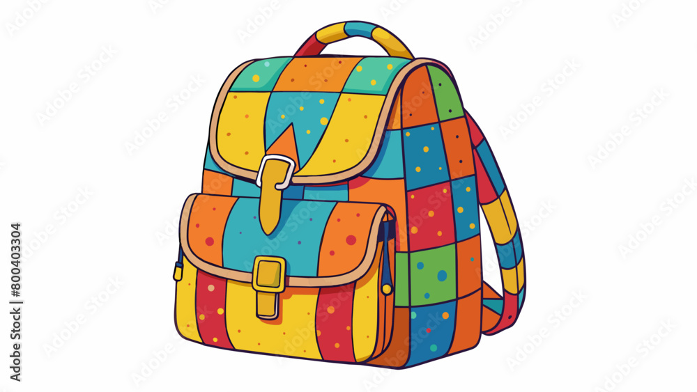 Poster a brightly patterned backpack made of lightweight canvas material featuring a drawstring closure and