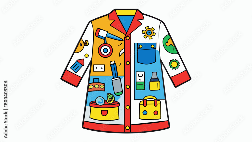 Poster a brightly colored lab coat adorned with patches of favorite toy brands and characters. the pockets 