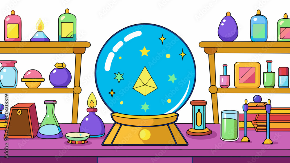 Poster A brightly decorated room is cluttered with strange arcane objects. A large crystal ball sits on a table pulsing with energy while a row of potions in. Cartoon Vector.