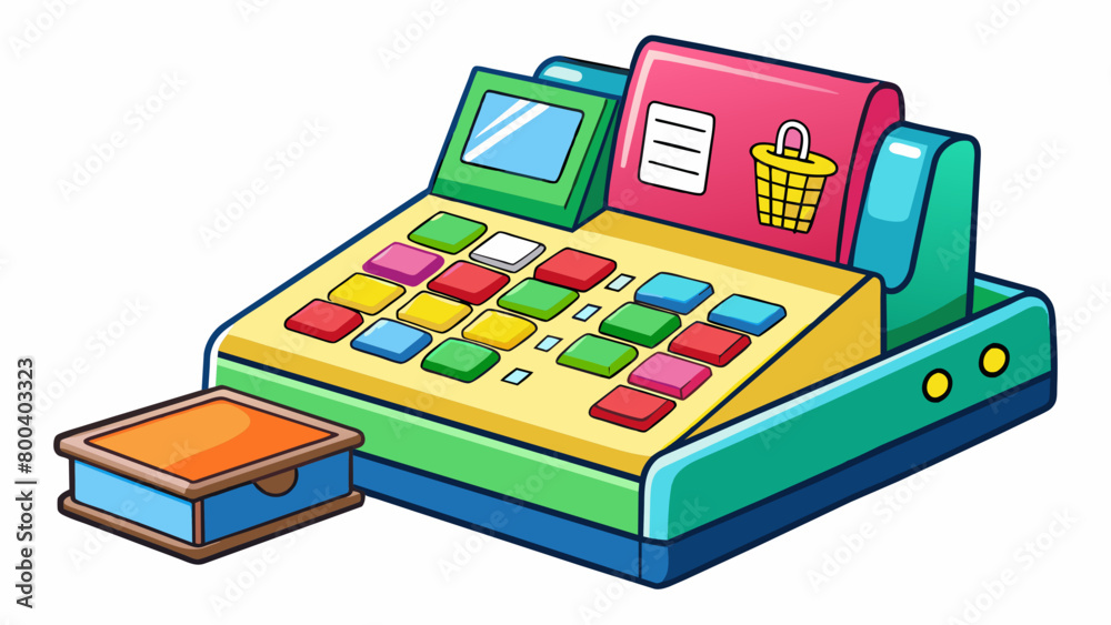 Poster a brightly colored toy cash register with realistic buttons and a cash drawer. the register includes