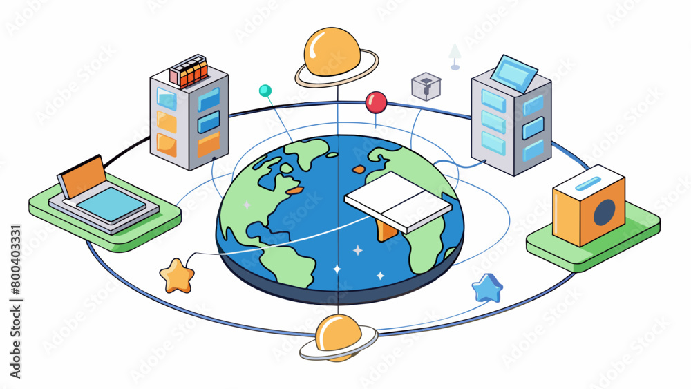 Poster A boundless space where information is malleable and can be accessed and shared instantaneously.  on white background . Cartoon Vector.