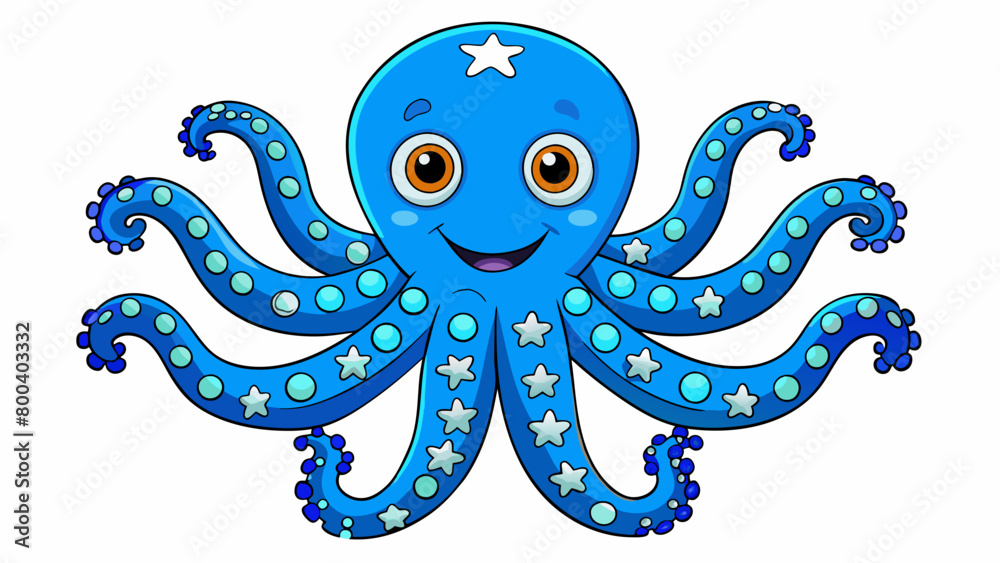 Poster a bright blue stuffed octopus with eight long tentacles. each tentacle has a different pattern rangi