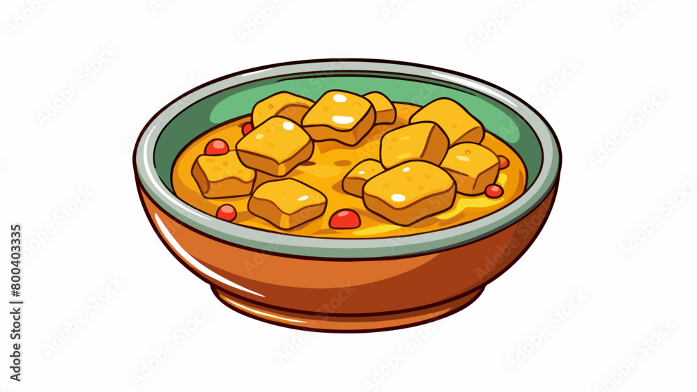 Poster a bowl of tempeh curry made from chunks of tempeh that have soaked up the fragrant es and coconut mi