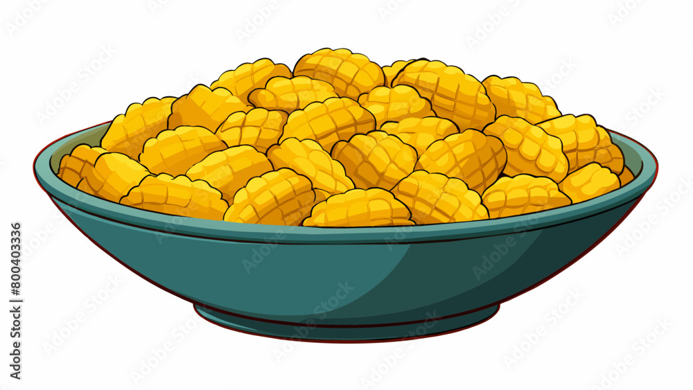 Poster a bowl filled with puffed golden rectangles that have a honeycomb pattern. the rectangles are light 