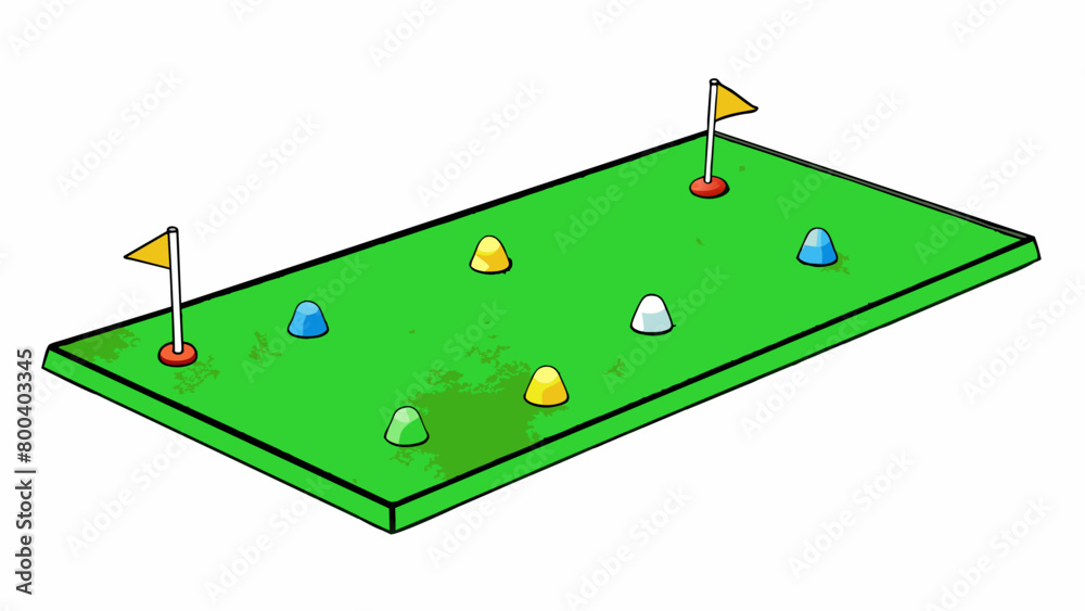 Poster A bright green mat p on an artificial turf surface providing a consistent and level surface for tee shots. A line of colored cones serves as a guide. Cartoon Vector.