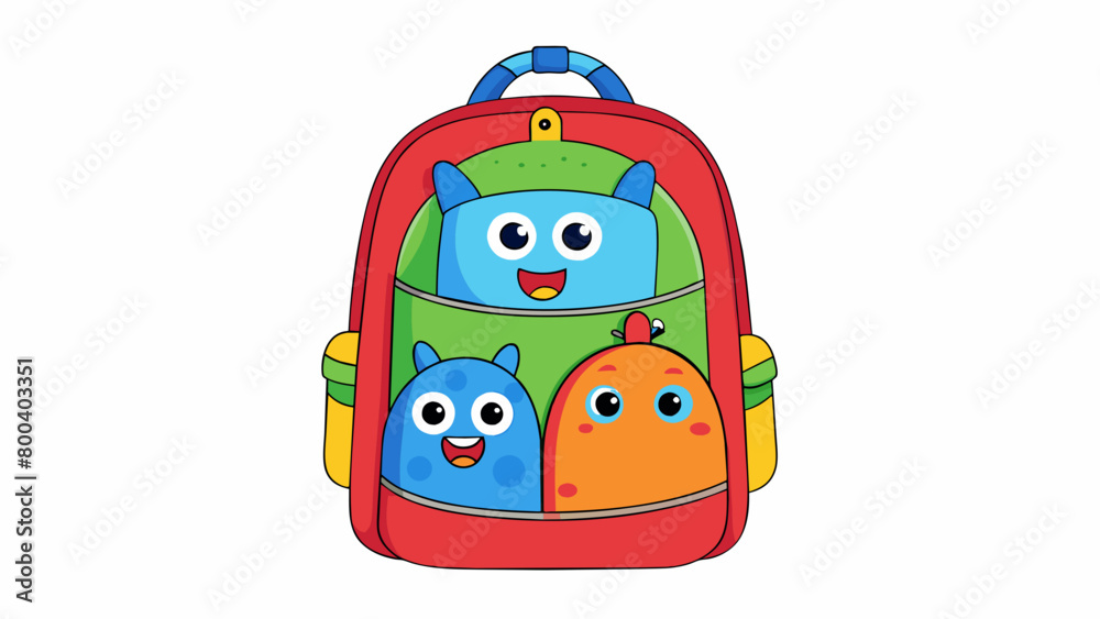 Poster A brightly colored backpack with cartoon characters printed all over it. It has a single main compartment and two smaller side pockets perfect for a. Cartoon Vector.
