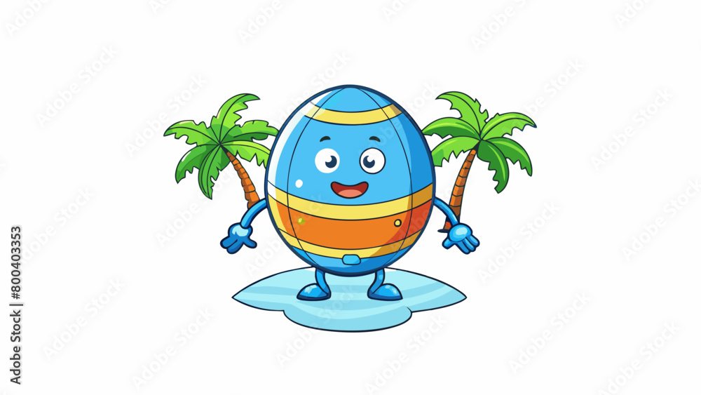 Poster A bouncy beachfriendly toy with a spherical shape and a fun design of palm trees and waves.  on white background . Cartoon Vector.