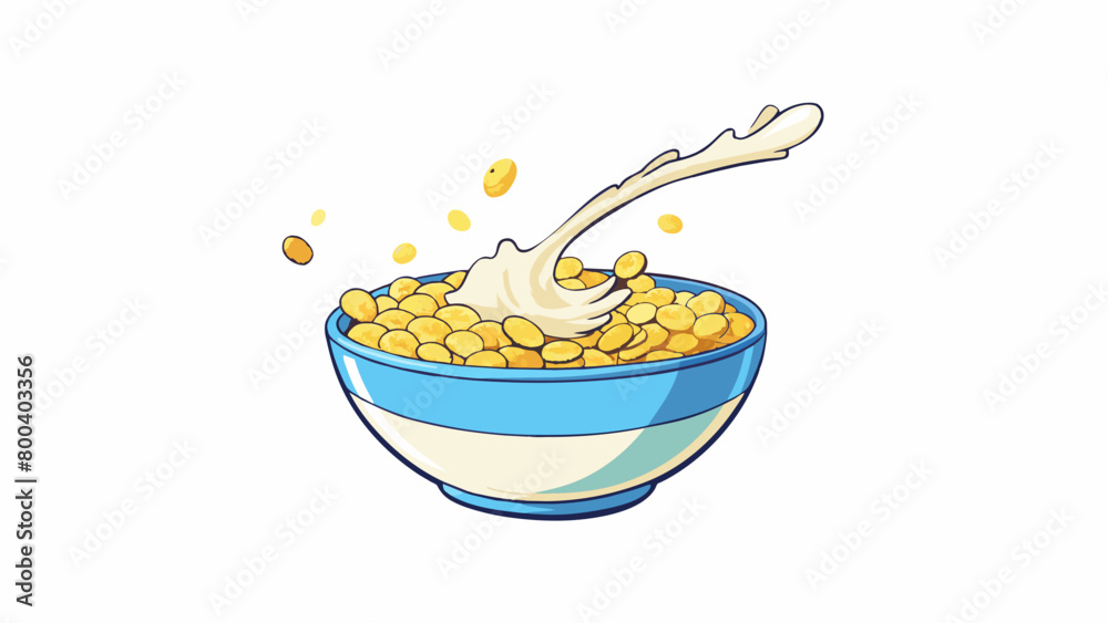 Poster A bowl of cereal with a generous pour of milk making the flakes appear to float and dance in the creamy white liquid. The milk has a hint of sweetness. Cartoon Vector.