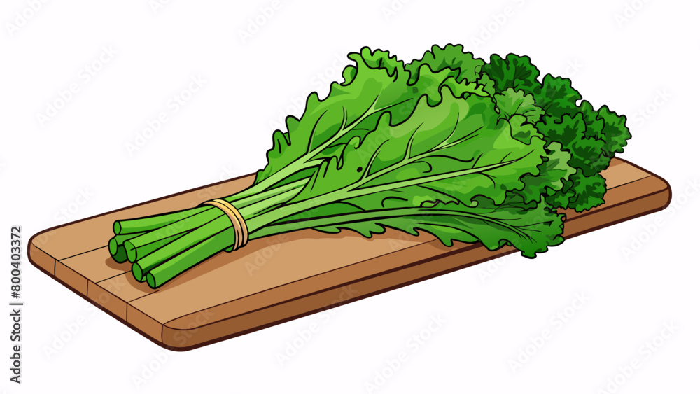 Poster a bundle of leafy green curly kale sits on a ting board ready to be washed and chopped for a nutriti
