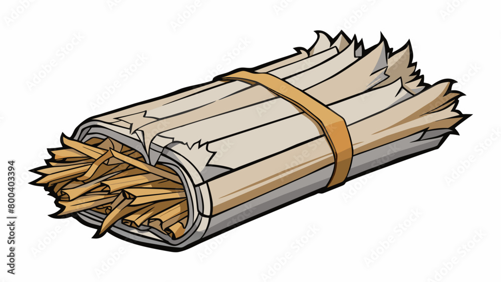Poster a bundle of shredded newspaper wrapped in thin dry bark. when lit the newspaper catches fire easily 