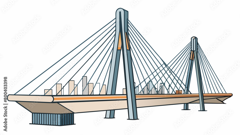 Poster A cablestayed bridge with two towering support pillars and thick metal cables stretching across the sky. The deck is made of sleek concrete and lined. Cartoon Vector.