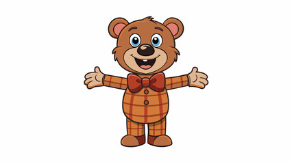 A brown stuffed bear with a plaid bow tie and a big smile on its face. Its arms are outstretched ready for a hug and its stitched nose and mouth give. Cartoon Vector.