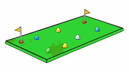 A bright green mat p on an artificial turf surface providing a consistent and level surface for tee shots. A line of colored cones serves as a guide. Cartoon Vector.