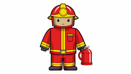 A bright red firefighter uniform complete with a yellow helmet and a mini fire extinguisher perfect for tackling pretend fires. The uniform is made of. Cartoon Vector.