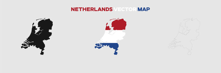 Netherlands Map Vector Pack. Map with Flag. Gray Map Silhouette. Gray Outline Map. Editable EPS file. 