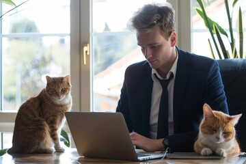 A man is seated in front of a laptop computer, typing, with two cats beside him